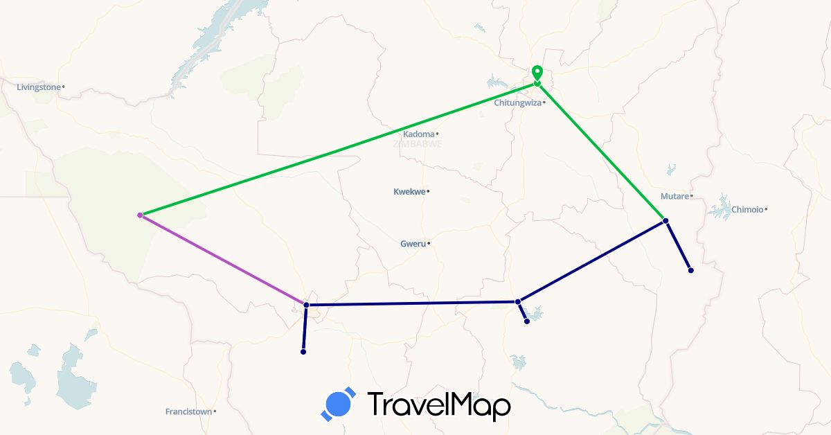 TravelMap itinerary: driving, bus, train in Zimbabwe (Africa)